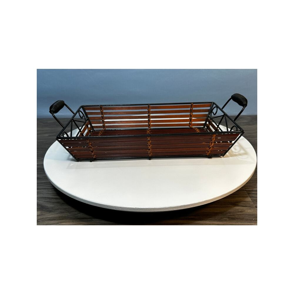 Metal & Wicker Rectangle Basket Tray With Handles Rustic Decor 16”x8.5”